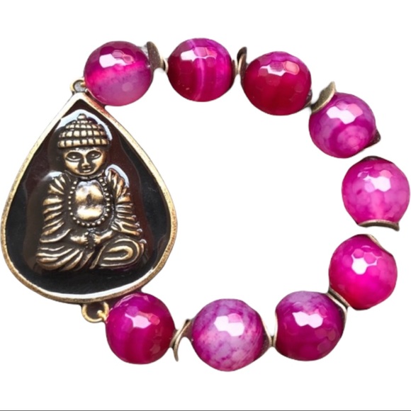Pink agate Buddha Beaded stretch Bracelet - Picture 8 of 16